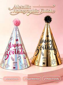 10pcs Metallic Color Happy Birthday Cone Paper Party Hats With Pom Poms, Gold And Laser Silver Printed Birthday Hats With Elastic Cord, Birthday Party Decoration Photo Props, For Celebration Events - Birthday Hat - View 3