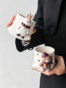 1pc Sunny Garden 3D Bear/Rabbit Hand-Held Mug, Luxury Exquisite Handmade Art Mug, Couple Cup, Creative Design Coffee Cup, Unisex Cup, Fun Cup, Perfect Gift - Multicolor - View 6