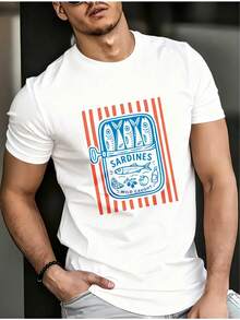 Casual Cotton T-Shirt For All Seasons With A Blue Sardine Pattern On An Orange Striped Background, Featuring A Round Neck And Short Sleeves. - White - View 1