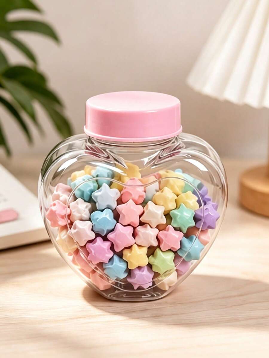 1pc Transparent Heart-Shaped Pink Ribbed Lid 80ml PET Jar, Sealed Portable Storage Container, Cute Aesthetic Wish Bottle, DIY Valentine's Day Birthday Party Gift - View 1