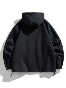 Spring/Autumn Unisex Functional Hooded Windbreaker Jacket, Outdoor Workwear Loose Fit With Large Pockets, Hiking Couple Top - Black - View 3