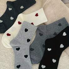 5 Pairs Random Color Strawberry Double Heart Pattern Spring/Autumn Women's Mid-Calf Socks, Lightweight Breathable All-Season Multi-Color Options, Casual Daily Wear, Hand Wash/Dry Clean, Cute Breathable Fabric Socks - Multicolor - View 7