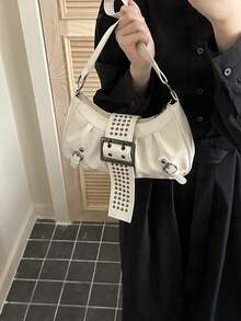 Fashionable High-End Buckle Strap Solid Color Baguette Bag, Y2K Hot Girl Motorcycle Shoulder Bag, Suitable For Daily Street Style, Socializing, Parties, Gifts - White - View 3