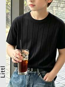 Boys' Teen Student Casual Solid Color Crew Neck Pullover Ribbed Knit Short Sleeve T-Shirt Spring Summer Top - Black - View 10