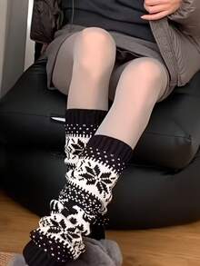 1 par de calcetines de mujer con diseño Fair Isle de copos de nieve en capas, vintage y cómodos, adecuados para otoño/invierno y looks festivos - Multicolor - Ver 4