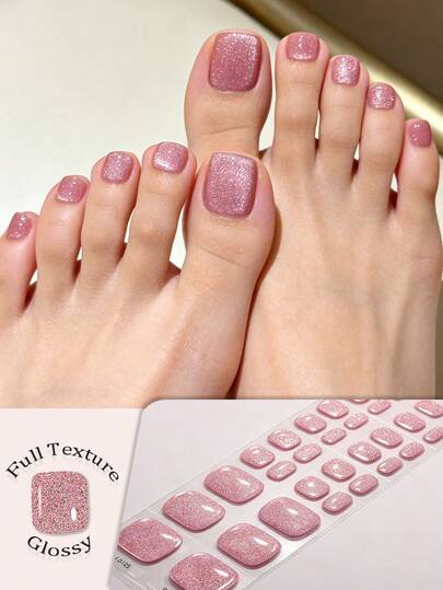 Showyboo Semi-Cured Gel Toenail Stickers, 26pcs, Bright Soft Peach Pink Glitter Design Full Coverage Nail Stickers, Long-Lasting, Protects Natural Nails, Suitable For Women And Girls For Vacation, Beach, Pool, Sweet Girl Style Matching Manicure