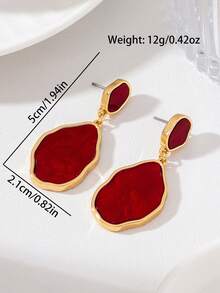 1Pair Irregular Double Layer Marbled Dangle Earrings, Wavy Enamel Hammered Gold Frame Long Drop Earrings - Red - View 9