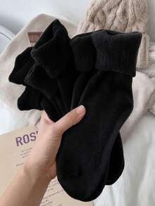 Random 3/5/10 Pairs Women's Mid-Calf Socks, Solid Color, Warm Fleece Lining, Postpartum Home Wear, Autumn/Winter - Multicolor - View 18