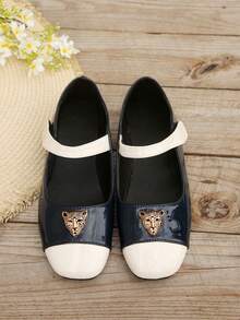 Leopard Head Metal Buckle Navy Blue Shiny White Patchwork Square Toe Mary Jane Slip-On Hook And Loop Shallow Cut Women's Shoes, Suitable For Daily Commute Versatile Shoes, All-Season Comfortable Handmade Shoes, Elegant Slip-On Work Loafers, Mary Jane Ballet Shoes - Navy Blue - View 3