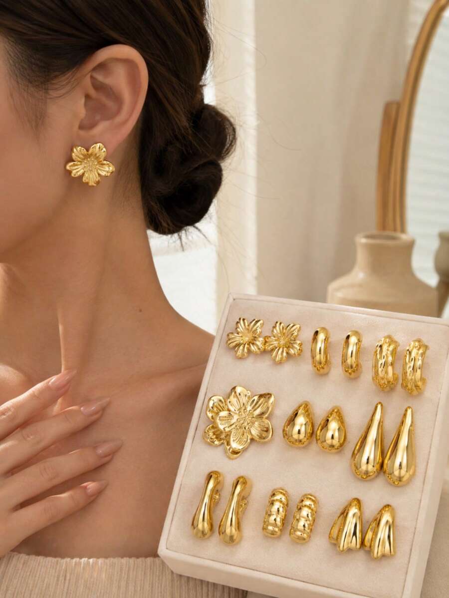 18pcs 9 Pairs Gold Tone Stainless Steel Stud Earrings Set For Women, Geometric Flower Shell Heart Earrings, Daily Vacation Party Jewelry