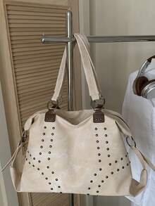 Fashion Solid Color Large Capacity Commuter Practical Handbag, Elegant Versatile Rivet Inlaid Textured Women's Shoulder Bag, Suitable For Shopping, Wallet, Shopping, Young Women, College Students, Newcomers, White-Collar Workers. They Are Perfect For Office, University, Work, Business, Commuting, Outdoor Activities, Travel And Outings - Beige - View 7