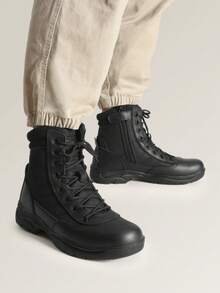 Men's Military Tactical Work Boots Side Zipper Leather Motorcycle Combat Boots (6-8 Inches) - 黑色 - 查看 2