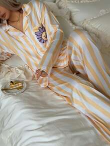 2pcs Women Casual Striped Cute Print Long Sleeve Top + Elastic Straight Leg Pants Loungewear Set - Yellow - View 9