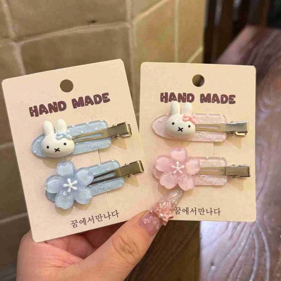 1 Set/2 Pcs 2026 New Cute Miffy Doll Hair Clips, Miffy Doll Fun Cute Pink & Blue Flower Hair Clips, Highly Attractive Cute, Suitable For Birthday, Party, Holiday, Fan And Gift, Surprise Doll, Gift For Friends And Family (Random Style) - Multicolor - View 1