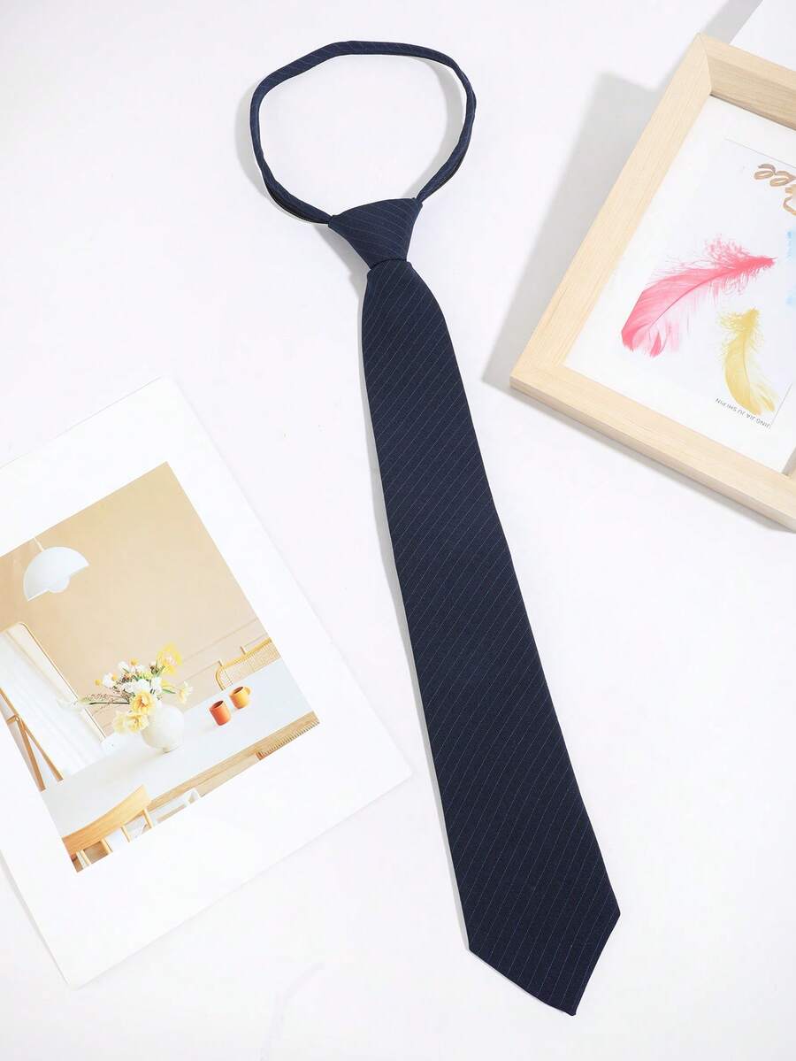 1PC Fashion Casual Minimalist Versatile Men's Diagonal Striped Pattern Self-Tie Necktie Suitable For Daily Commute Business Party Banquet Matching - Dark Blue - View 1
