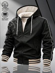 Men's Colorblock Hooded Baseball Jacket, Lightweight Windproof Fabric, Reflective Strip Design, American Retro Style, Suitable For Daily Wear And Commuting, And Versatile - Black - View 2
