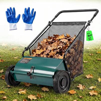 26" Push Lawn Sweeper With 8 Cuft Hopper Bag,Adjustable Brush Height, Green | Lightweight Leaf Collector, Manual Height Adjustment For Leaves Grass And Yard, Heavy Duty Steel Frame, Tool-Free Assembly