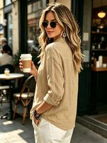 Fashion Women's Solid Color V-Neck Button Long Sleeve Shirt, Regular Fit, Suitable For Daily Wear - Khaki - View 4