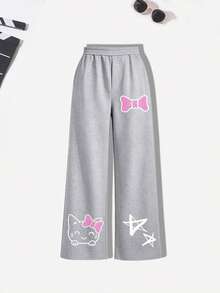 2pcs/Set Teen Girls Outfit, Cute Cat Print Hoodie And Simple Loose Wide Leg Pants, Comfortable Autumn/Winter New Style Girl Outfit - Hot Pink - View 5