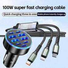 9pcs Car Charger Set With 3-In-1 Fast Charging Cable (USB To Type-C + Lightning + Micro USB), Compatible With Apple/// Devices - Black - View 8