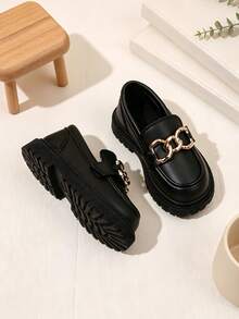 Fashionable And Avant-Garde Children's Loafers With Eye-Catching Metal Chain Decor And Thick Soles - Black - View 2