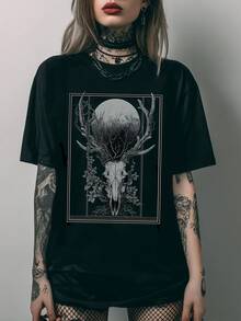 Gothic Deer Skull Graphic T-Shirt, Dark Academia Cottagecore Forestcore Style, Round Neck Slightly Stretch Tee, Ideal Gift For Summer & Autumn - Black - View 9