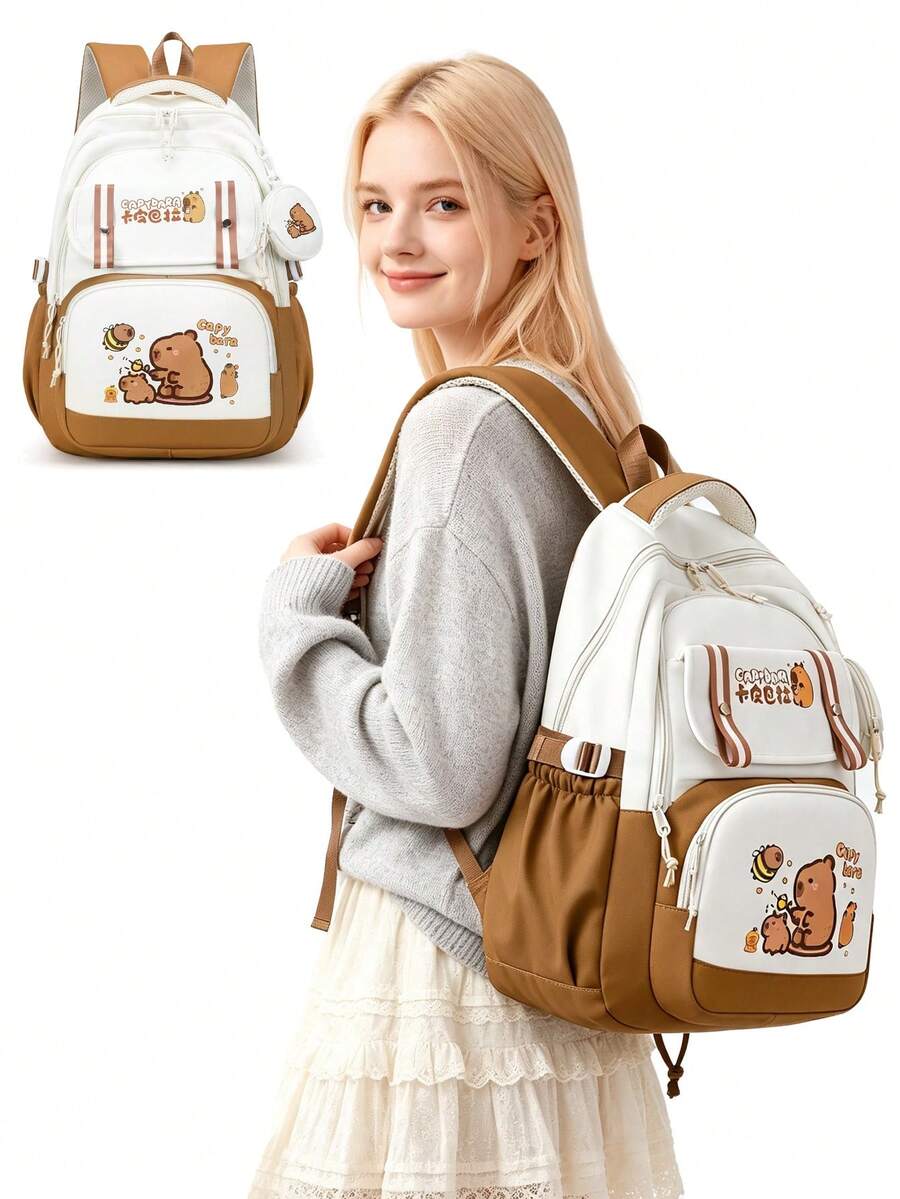 1pc Cute Capybara Colorblock Backpack, Lightweight Multi-Compartment Student Bag, Can Hold Textbooks, Laptop And Umbrella, Unisex - Brown - View 1