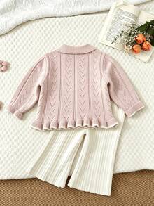WUHUANG YIYI 2pcs/Set Baby Girls Cute Collar Handmade Bowknot Decor Ruffle Sleeve Solid Color Sweater Top & Pants Set, Loose Fit For Daily Wear, Autumn/Winter - وردي - مشاهدة 2