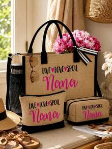3件組拼色亞麻托特包套組，印有「LIVE LOVE SPOIL NANA」字母圖案，大容量時尚托特包，附拉鍊拼色錢包，桃紅色愛心字母圖案，通勤托特包＋收納包，教會活動禮物，大容量設計，側邊水壺網袋，方便攜帶聖經、筆電、水壺、雨傘等，適合生日禮物、教師節禮物、母親節禮物，度假必備用品 - 彩色 - 查看 6
