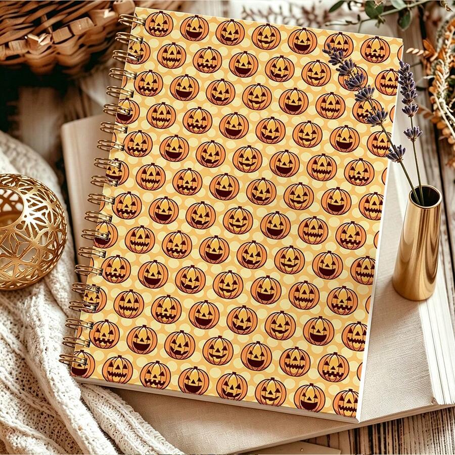 1 buah Buku Jurnal Spiral Halloween A5, Buku Catatan Wajah Polkadot Retro, Buku Catatan Bergaris Pola Musim Gugur Oranye Vintage untuk Catatan Harian & Perencanaan - Pola - View 1