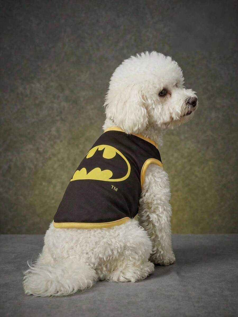 Batman X PETSIN 1pc Superhero Style Printed Pet Vest, Soft, Breathable, Unconstrained, Black And Yellow Contrasting Pet Clothes - Multicolor - View 1