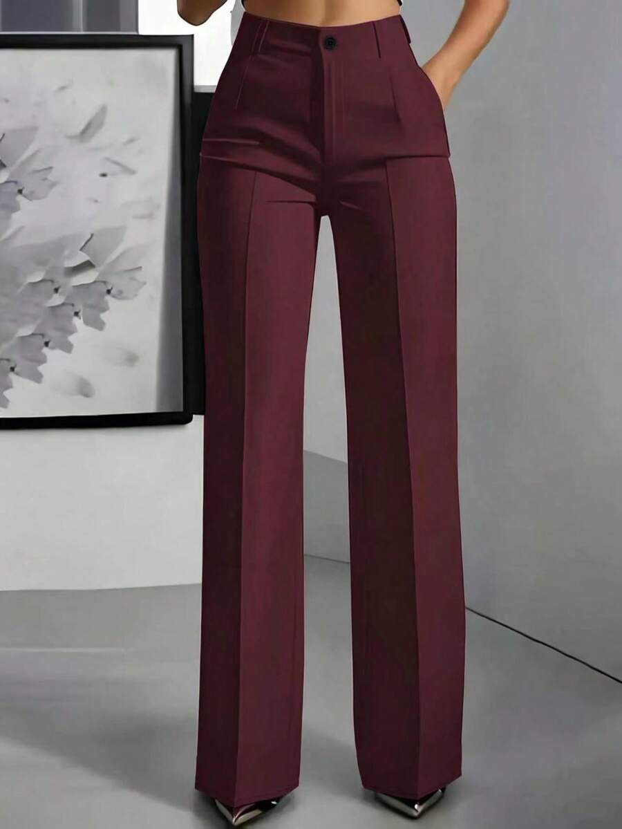 Pantalones de oficina de talla grande de unicolor con botones, bolsillos y cremallera, para primavera - Burdeos - Ver 1