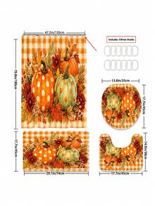 1/3/4pcs Orange & White Plaid Pumpkin Red Maple Autumn Leaf Pattern Bathroom Shower Curtain Set, Cute & Playful Style, 72*72 Inches, Waterproof Shower Curtain Bathroom Accessories - Includes 12 Plastic Hooks - Includes Toilet Lid Cover, U-Shaped Non-Slip Bath Mat And Soft Plush Rug - Washable, Mildew-Resistant - Perfect For Halloween / Thanksgiving Holiday Decor, Home Decor, Room Decor, Back To School Gift. Exquisite Housewarming Gift - A - View 9