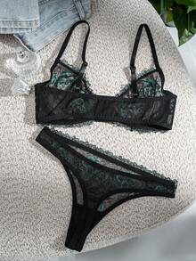 1 Set Women's Lingerie Set Floral Lace Patchwork Thin Cup Underwire Bra Set - Black - View 7