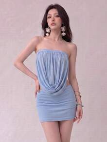 Top Dazzle Women's Sexy Backless Strapless Tube Top And Bodycon Mini Skirt Two Pieces Set, Elegant Medium Stretch Casual Outfit - Blue - View 2
