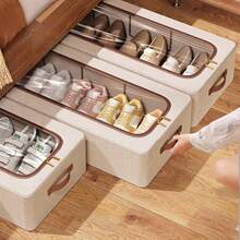 1pc Linen Shoe Storage Box, Home Wardrobe Bed Under Shoe Moisture-Proof Dust-Proof Shoe Rack, Foldable, With Thickened Fixed Steel Frame, Suitable For Dorm, Wardrobe, Bed Under Organization And Storage - View 4