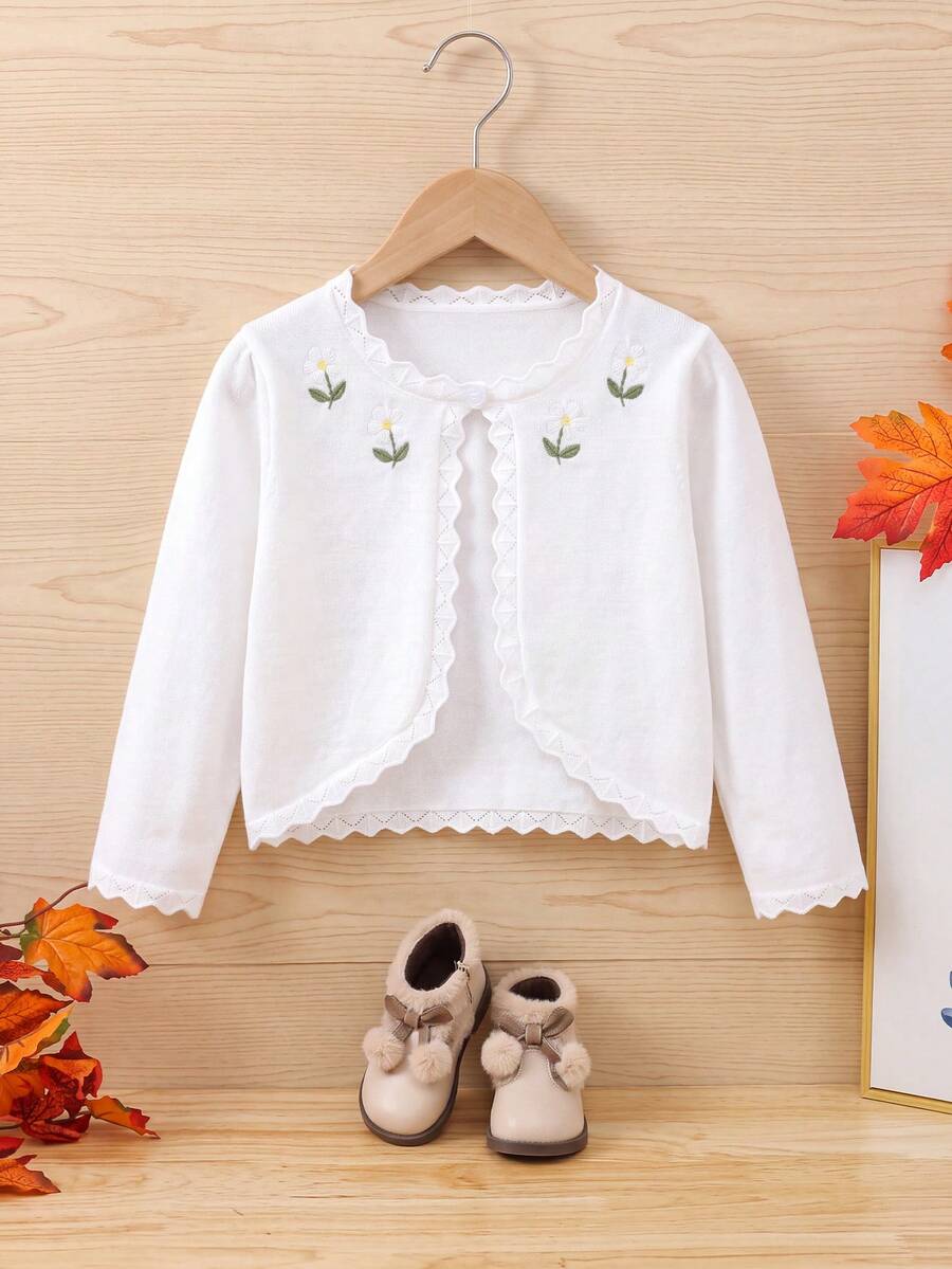 Girls' Spring/Autumn Lightweight Floral Embroidery + Ruffle Trim Knit Cardigan Shawl - White - View 1