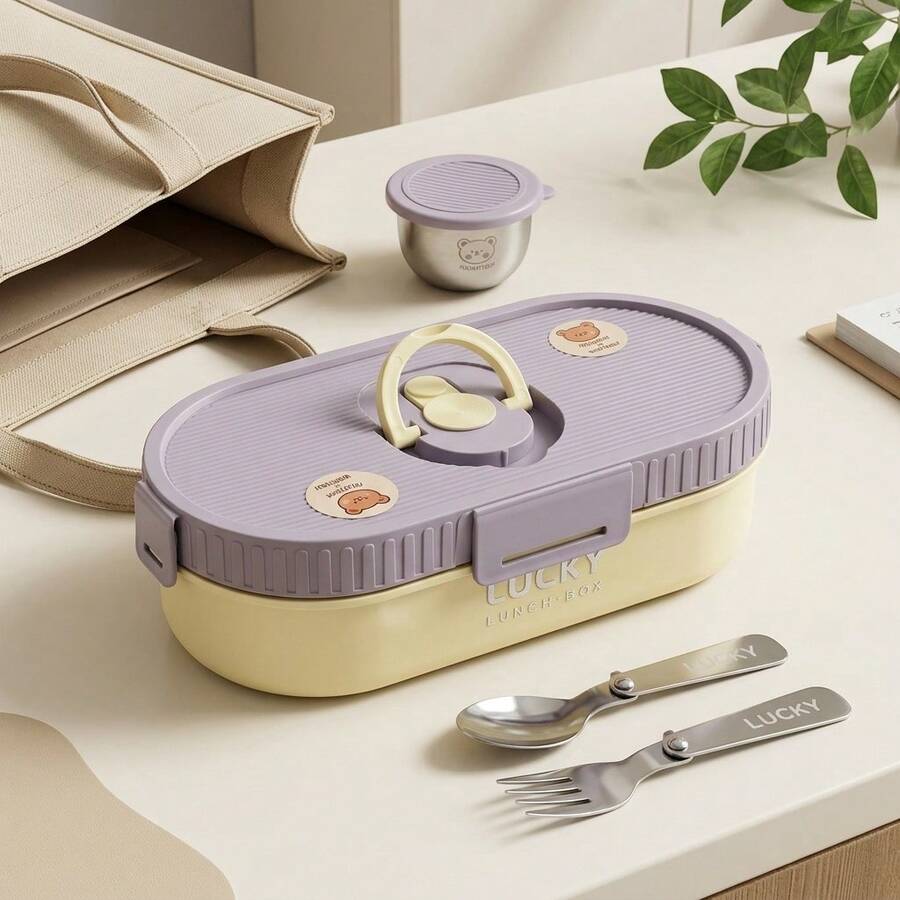 Portable Plastic/304 Stainless Steel Lunch Box With Lid, Divided Fruit Salad Food Storage Container, Leak Proof Bento Box, Dishwasher & Microwave Allowable, Suitable For Student Adult Use In School, Office, Outdoor Camping, Picnic,Back To School - Multicolor - View 1