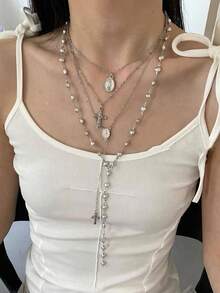 4件組波希米亞水晶項鍊女款，流蘇長項鍊，度假風小眾飾品，適合派對聚會，送給親友的禮物，日常配戴 - 銀色 - 查看 2