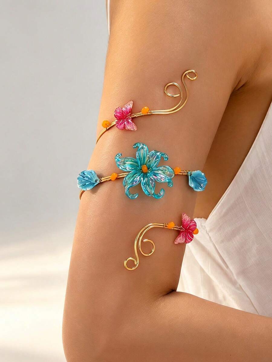 1pc Bohemian Floral Butterfly Arm Cuff Open Bangle Body Accessory For Beach Vacation - Blue - View 1
