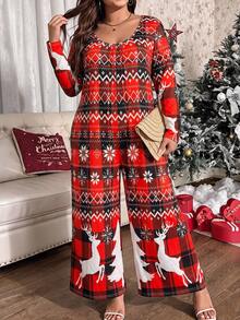Plus Size Christmas Reindeer Plaid Print Jumpsuit, Long Sleeve Round Neck Wide Leg One-Piece Set, Casual Holiday Loungewear For Curvy Women - Red - View 2
