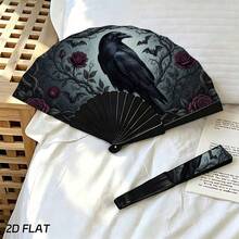 Dark Vintage Crow & Red Rose Kung Fu Folding Fan, Halloween Photography Backdrop Accessory, Niche Gothic Style - Multicolor - View 6