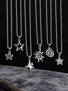 Yanxyad 6PCS Y2K Star Vortex Sun Pentagram Necklace Set For Women Men – Retro Grunge Gothic Chain Jewelry - Silver - View 1