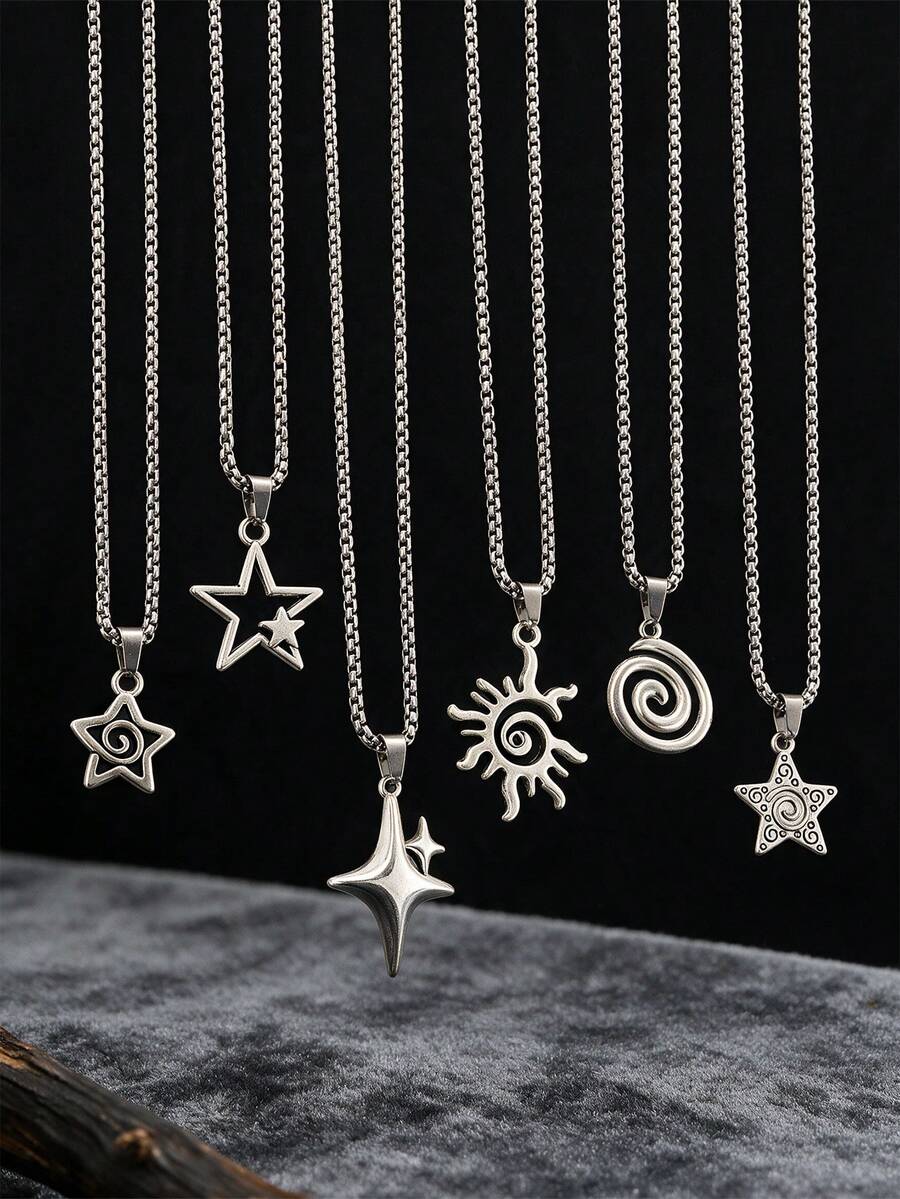 Yanxyad 6PCS Y2K Star Vortex Sun Pentagram Necklace Set For Women Men – Retro Grunge Gothic Chain Jewelry - Silver - View 1