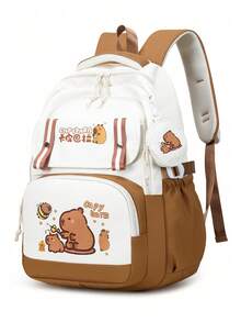 1pc Cute Capybara Colorblock Backpack, Lightweight Multi-Compartment Student Bag, Can Hold Textbooks, Laptop And Umbrella, Unisex - Brown - View 2