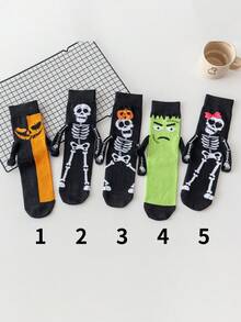 1/2/3/5 Pairs Black & White Skeleton Couple Magnetic Socks, White Mid-Calf Socks With Magnetic Attraction, Cute Auto-Connecting Socks For Spring & Autumn - Multicolor - View 12