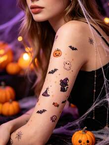 4PCS Halloween Large Edition Cute & Adorable Tattoo Stickers, Low-Terror Funny Edition: Ghosts, Bats, Spiders, Candies, Black Cats, Etc. Waterproof & Long-Lasting, Perfect Halloween Gift For Friends - Multicolor - View 7