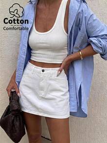 Women's White Cotton Denim Casual Daily Skirt - White - View 2