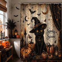 1pc/4pcs Magic Black Cat Pumpkin Pattern Shower Curtain, Halloween Home Decor Printed Bathroom Partition Curtain, Comes With 12 Hooks, Universal Bathroom Accessory, Halloween Vintage Farmhouse Style Bathroom Decor, Single Curtain Available In 150*180cm+180*180cm+180*200cm, 4pcs Set Size (180*180cm+45*75cm+45*38cm+38*45cm) - Magic Black Cat - View 6