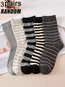 3/5/10 Pairs Random Assorted Unisex Retro Grey Tone Thick & Thin Horizontal Striped Ribbed Skin-Friendly Durable Comfortable Breathable Korean Minimalist Mid-Calf Socks For Daily Wear, Home, Commuting, Holiday Gifts, Office - Multicolor - View 8